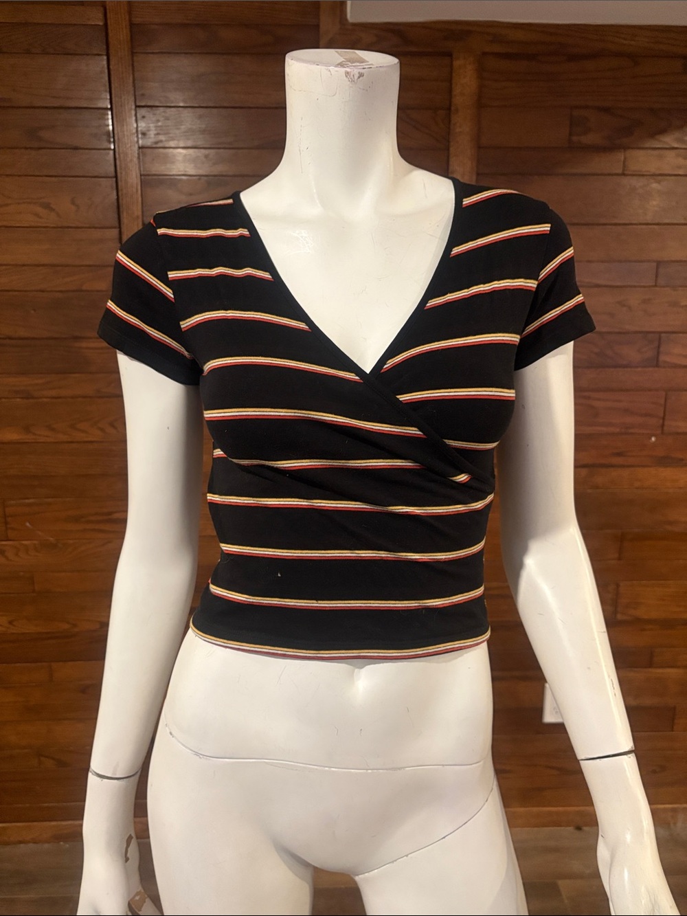 Garage Black Wrap Crop Top with Red & Yellow Stripe Detail